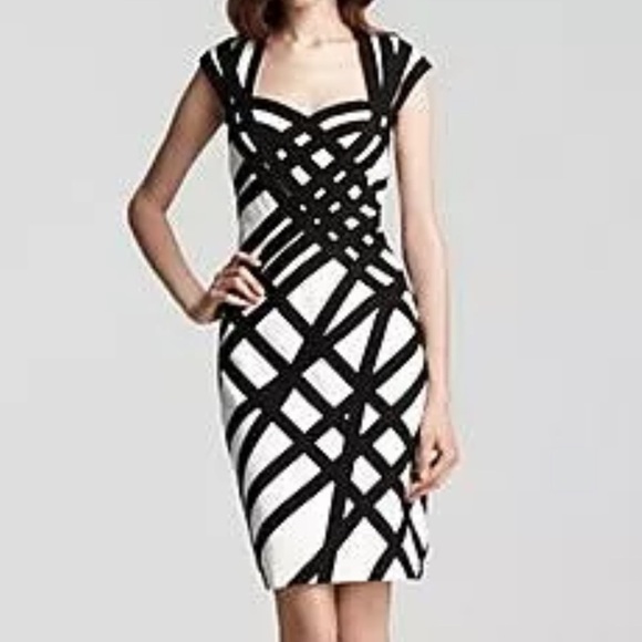 Tadashi Shoji Black and White Geometric Ribbon Cocktail Sheath Dress Size L NWT - Picture 2 of 8